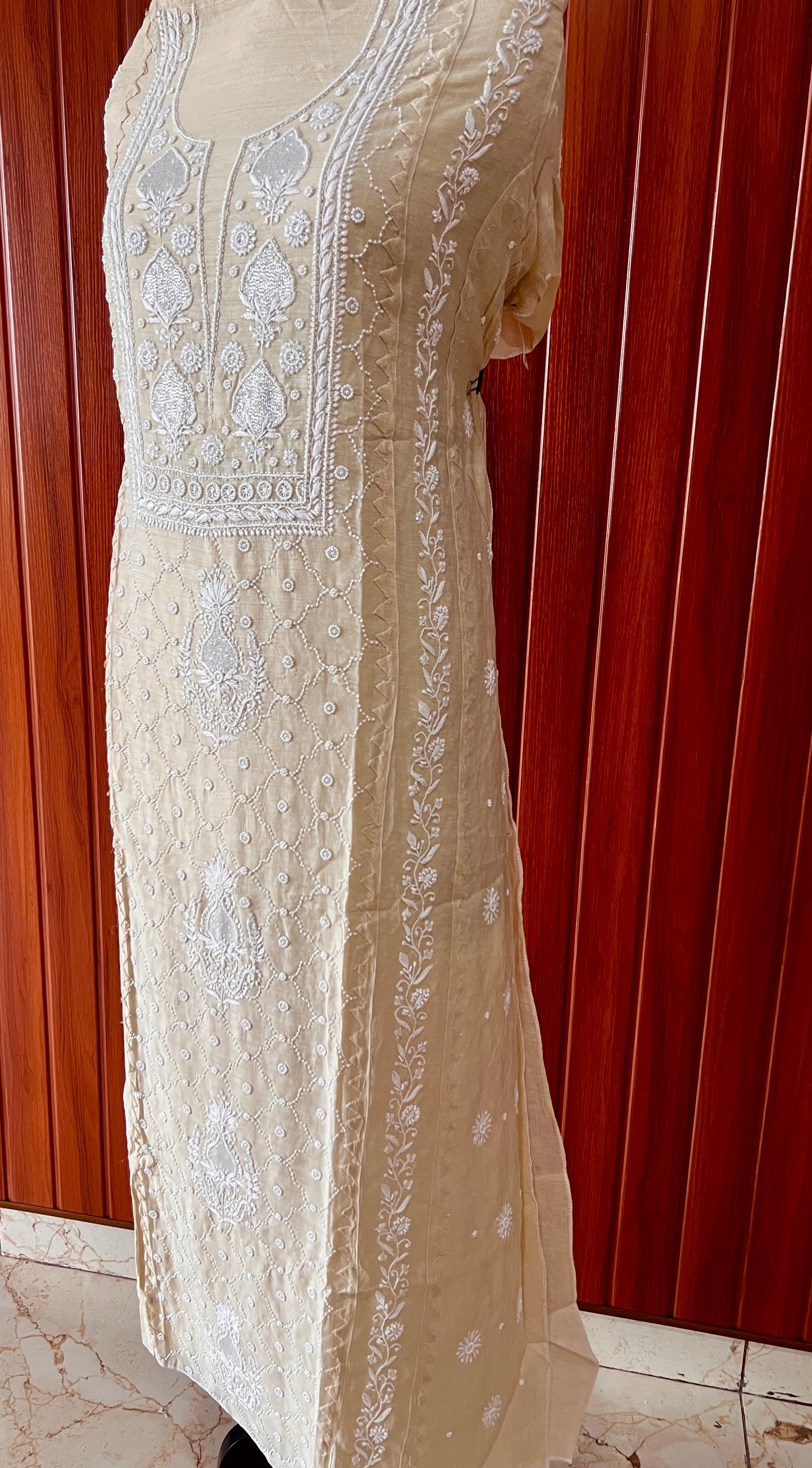 Munga silk Chikankari and pearl embroidered kurta and dupatta