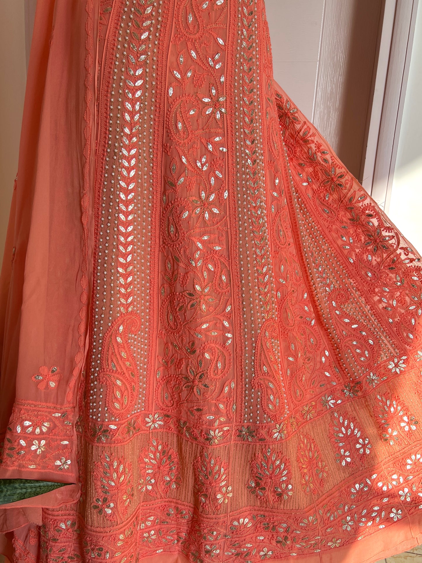 Peach Chikankari pearl and Gota Patti Anarkali