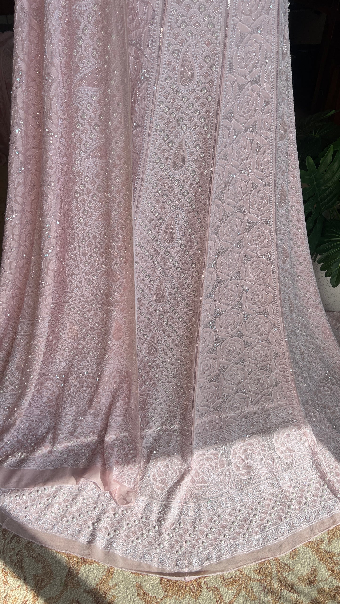 Ruhani Powder Pink Chikankari Pearl Cut Dana Sequins Wedding Lehenga