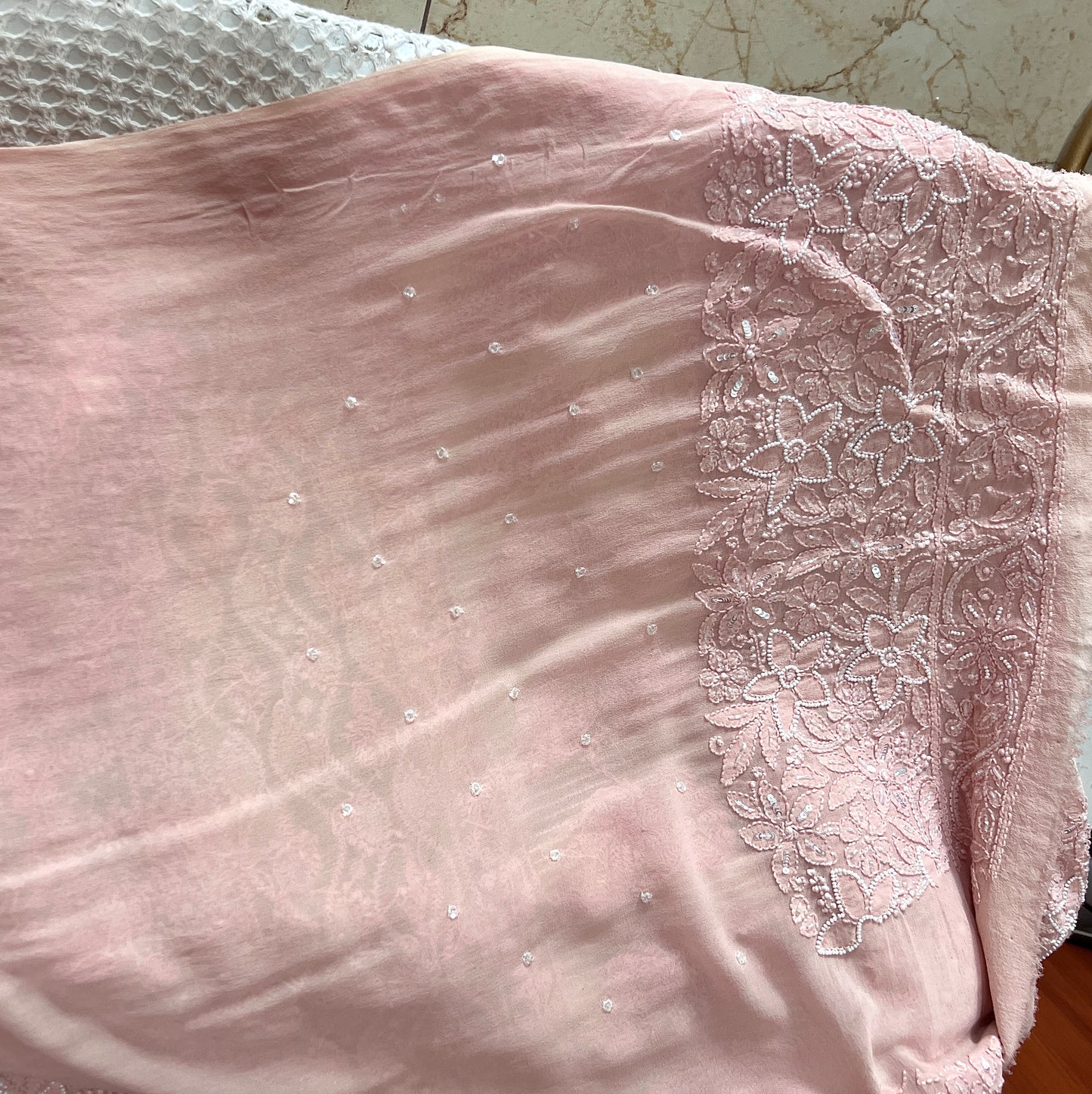 Ruhani Blush Pink Chikankari Pearl Cut Dana and Sequins Saree