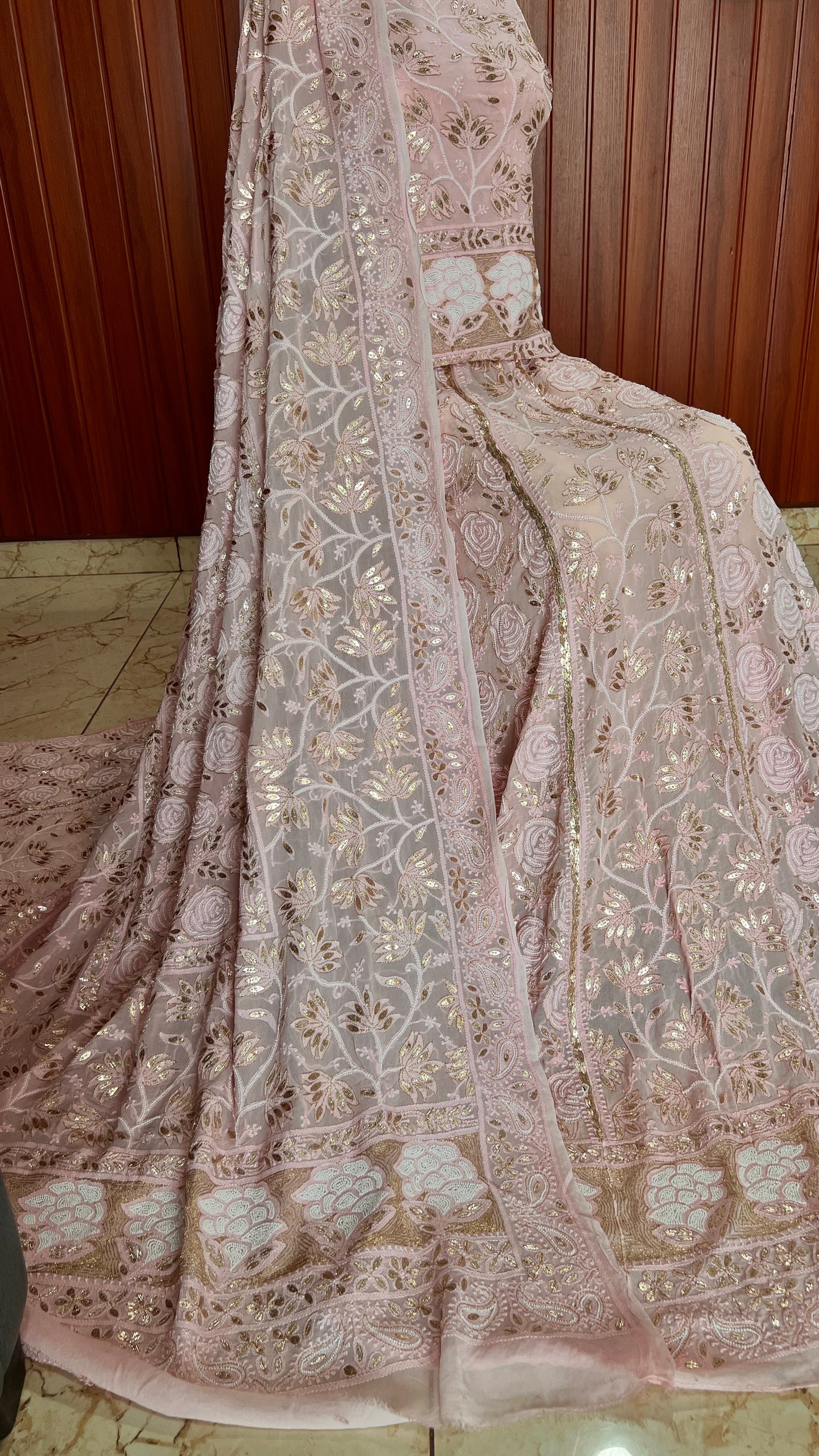 Ruhani Pink Chikankari Gota Patti and Pearl Wedding Lehenga