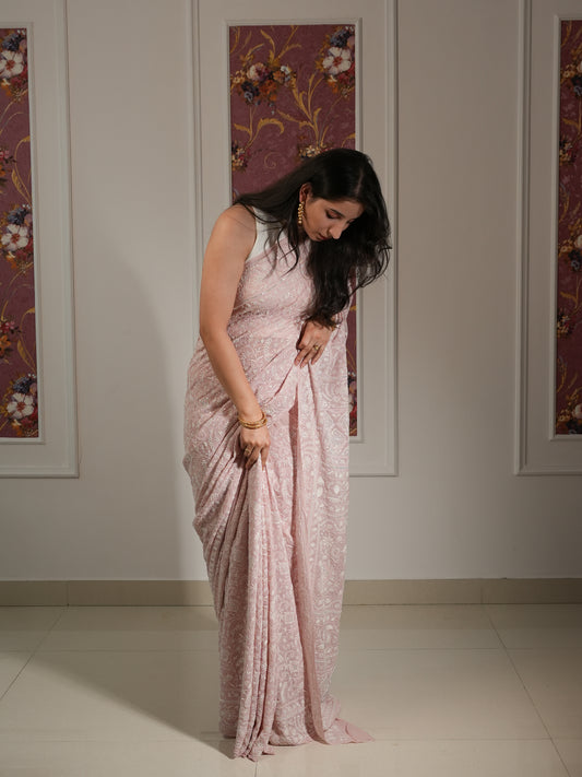 Suhaan Dusty Pink Do Taar Chikankari Heirloom Saree
