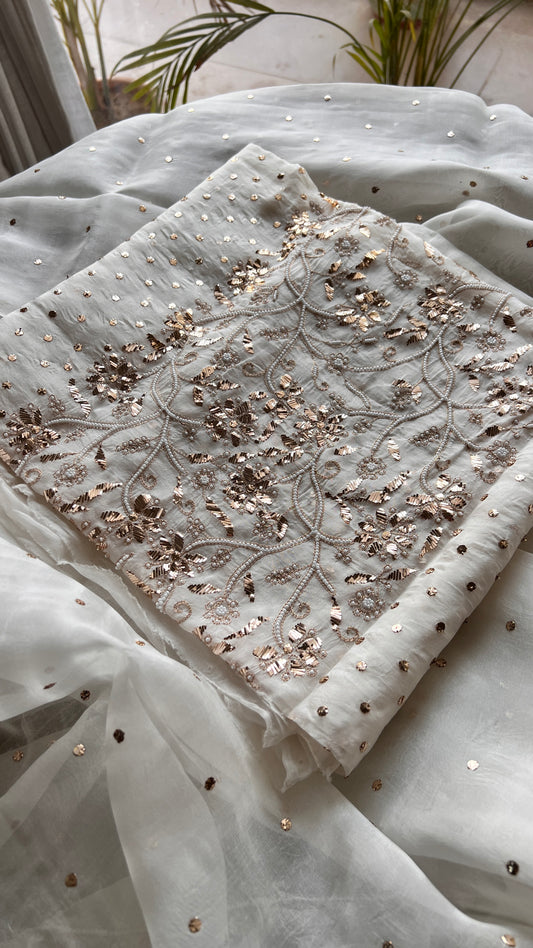 Ivory Badla Mukaish and pearl work pure Organza kurta with dupatta