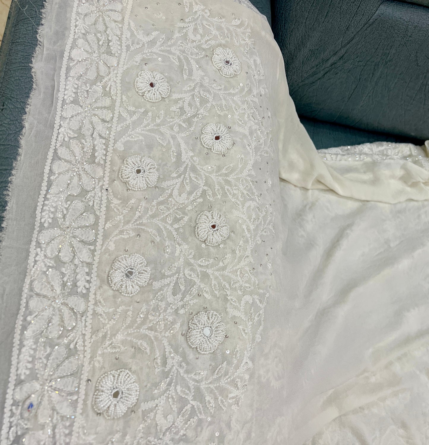 Ruhani Off White Chikankari Pearl and Sequins Masterpiece Saree