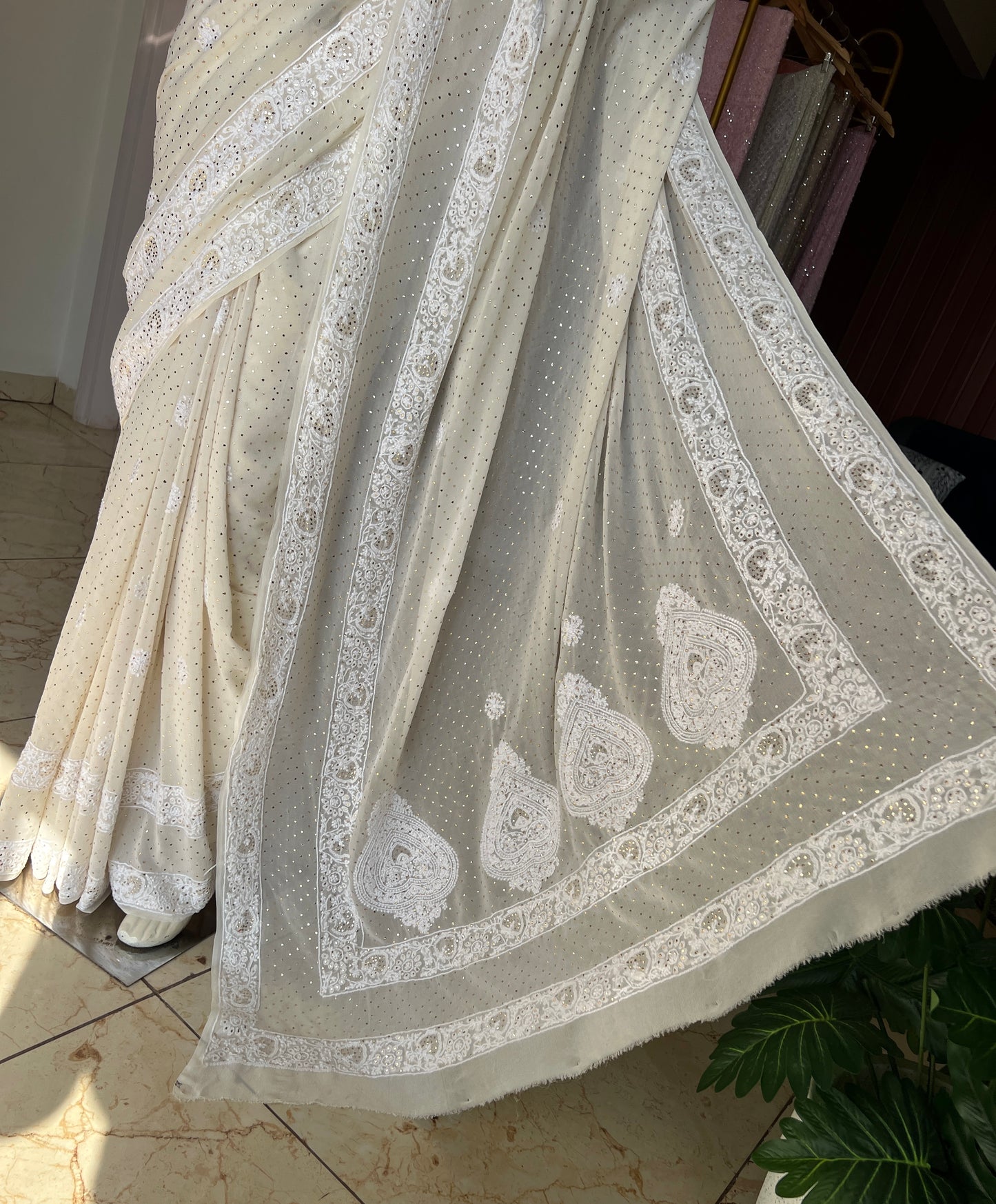 Ivory Ruhani Allover Fine Chikankari and Bareek Mukaish Saree
