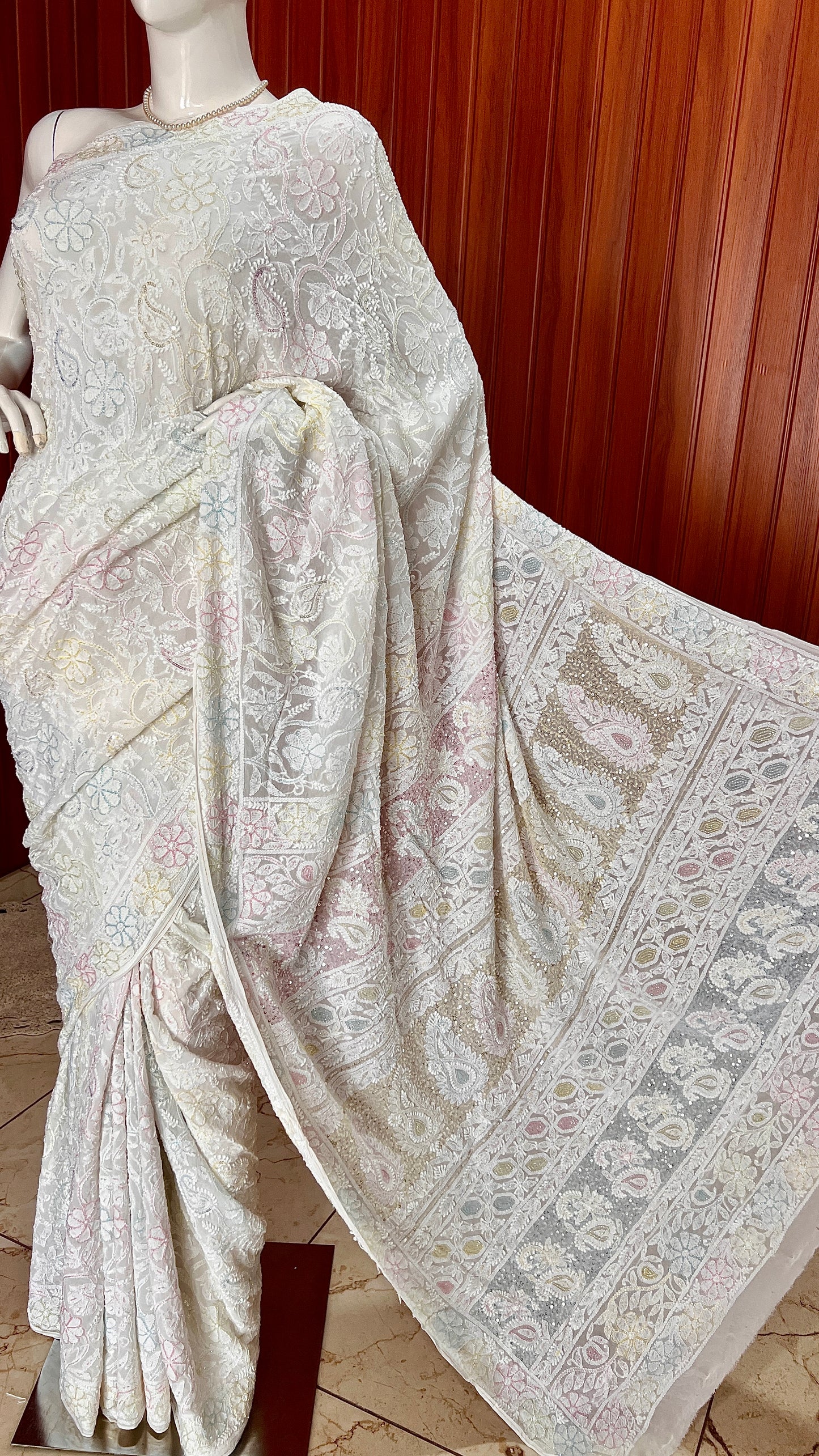 Ruhani White Chikankari and Multicolored Cut Dana Sequins Saree