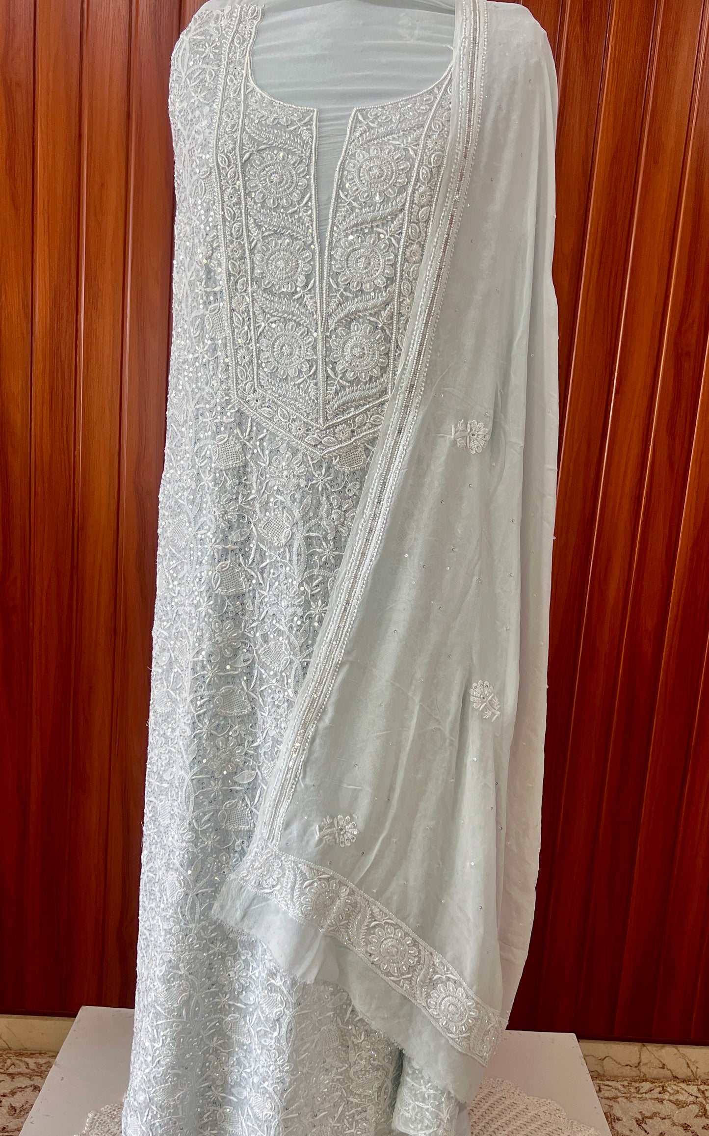 Suhaan Powder Blue Chikankari pearl sequins kurta and dupatta