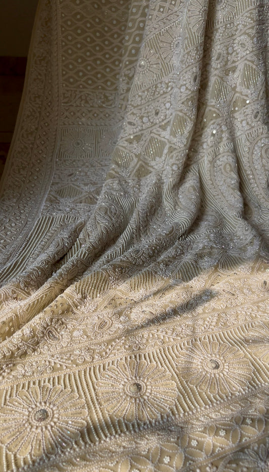 Ruhani Nude Champagne Chikankari Pearl Cut Dana and Sequins Saree