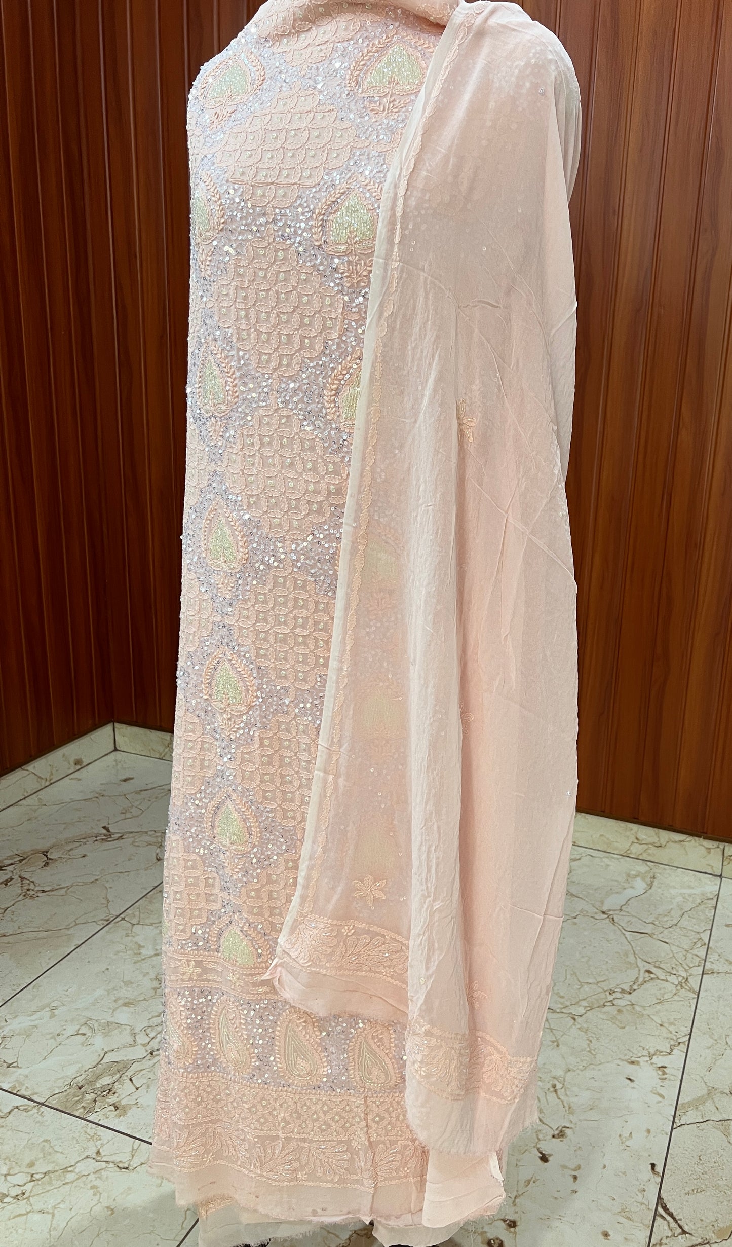Nude Peach Chikankari Cut Dana and sequins Kurta and Dupatta