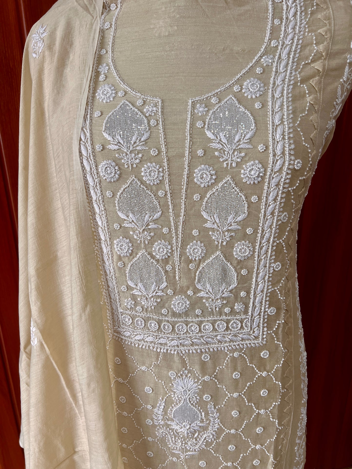 Munga silk Chikankari and pearl embroidered kurta and dupatta