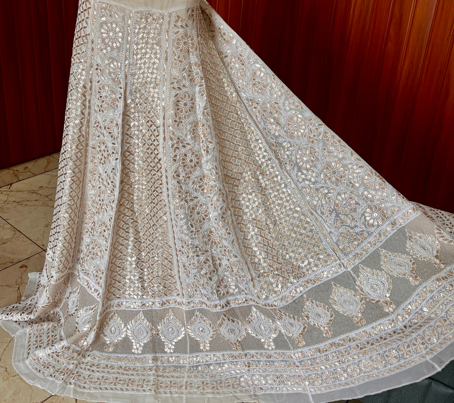 Off White designer lehenga skirt with allover Chikankari and heavy gota patti Lehenga skirt