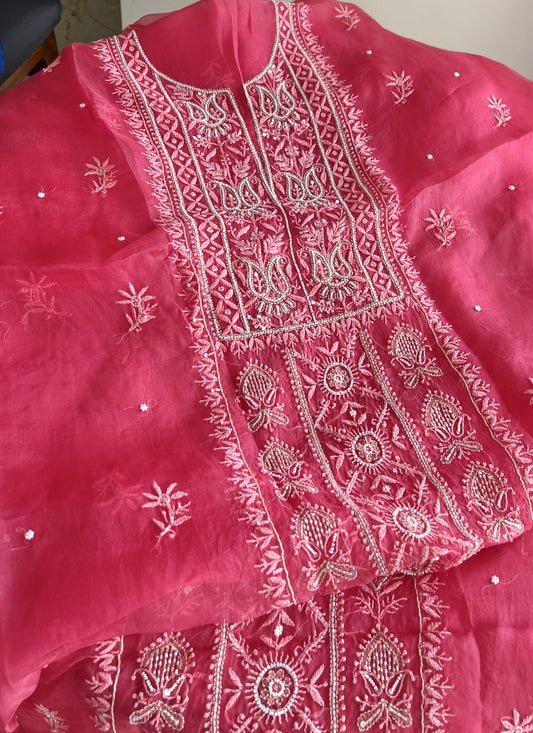 Gajri pink Chikankari pearl sequins pure Organza kurta with dupatta