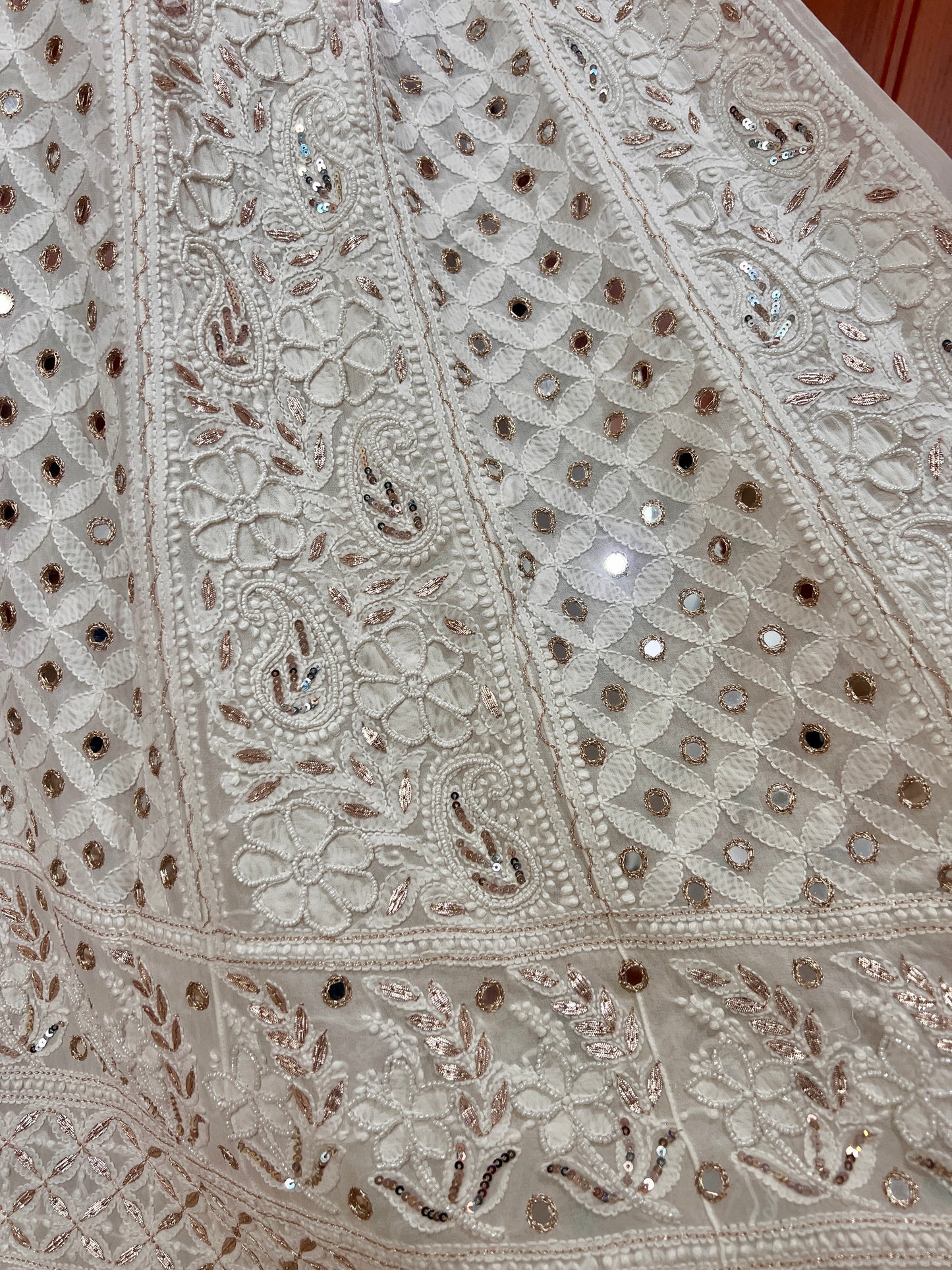 Off White Chikankari Mirror Pearl Sequins Anarkali with Dupatta
