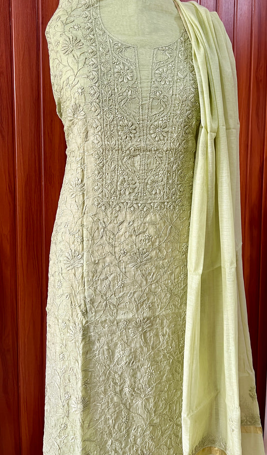Mehndi Green Mul chanderi Chikankari embroidered kurta and dupatta