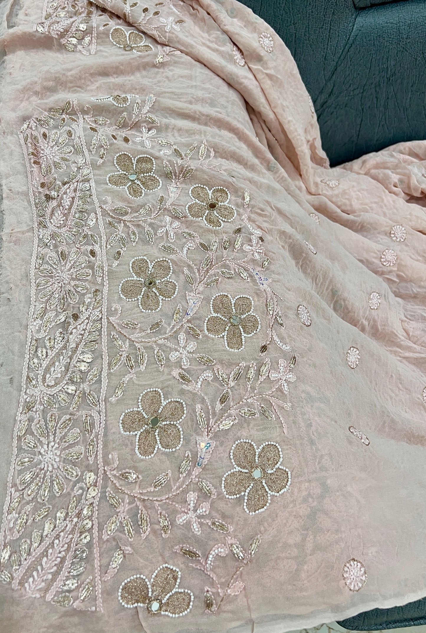 Ruhani Peachy Pink Chikankari Saree with Gota Patti Sequins Pearl and Aari Embroidery