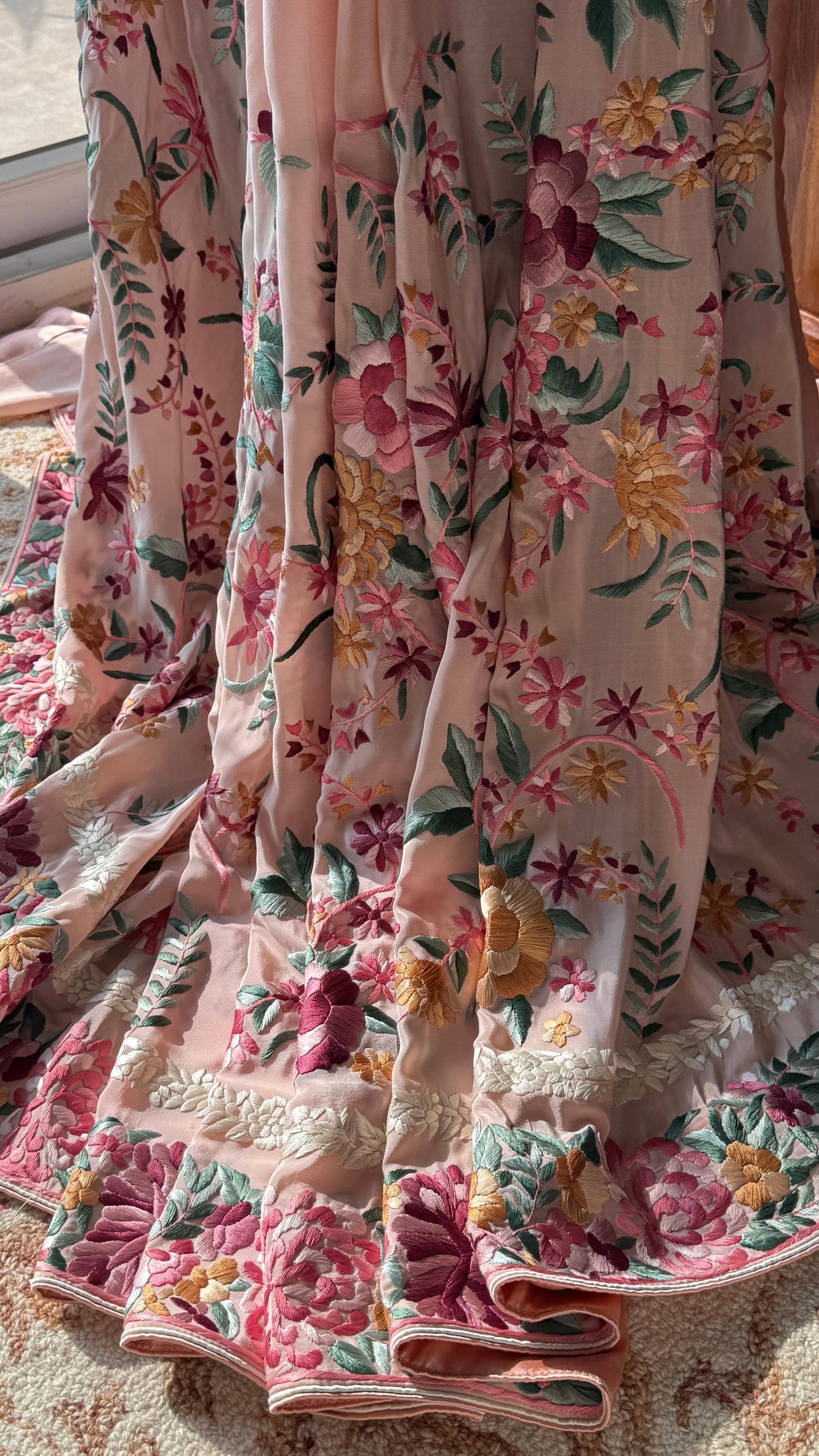 Blush Peach floral Masterpiece Parsi Gara Pure Crepe Saree