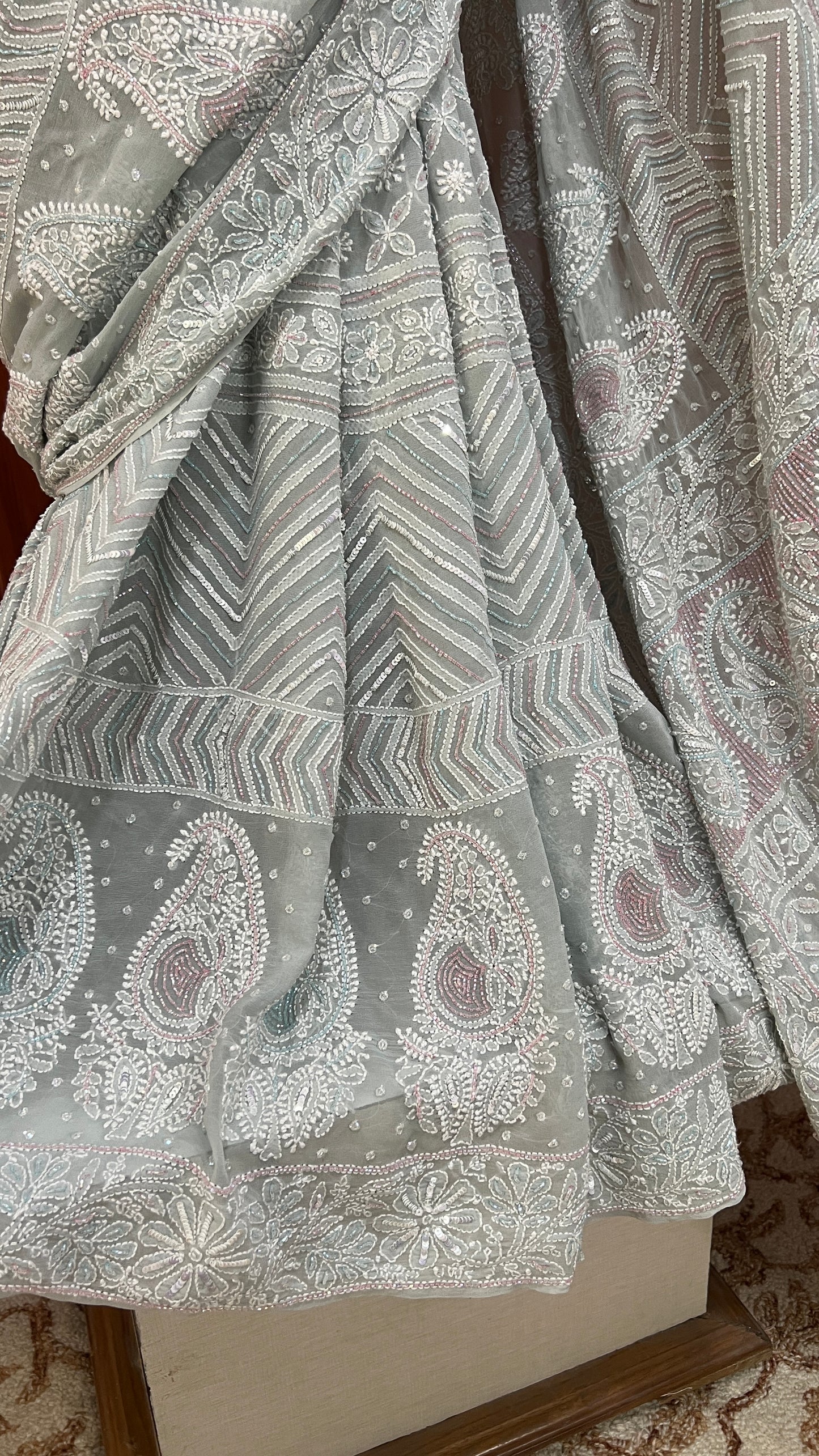 Ruhani Sage Blue Chikankari Cut Dana and Sequins Saree