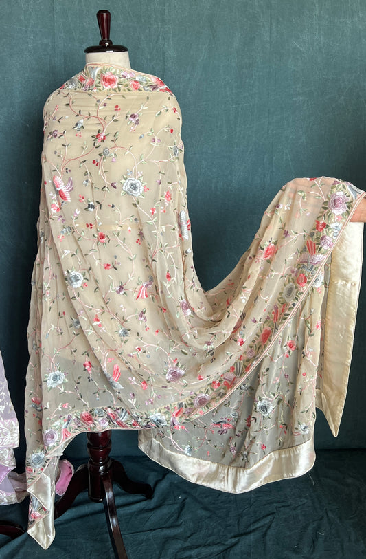 Beige Parsi Gara Hand Embroidered Dupatta