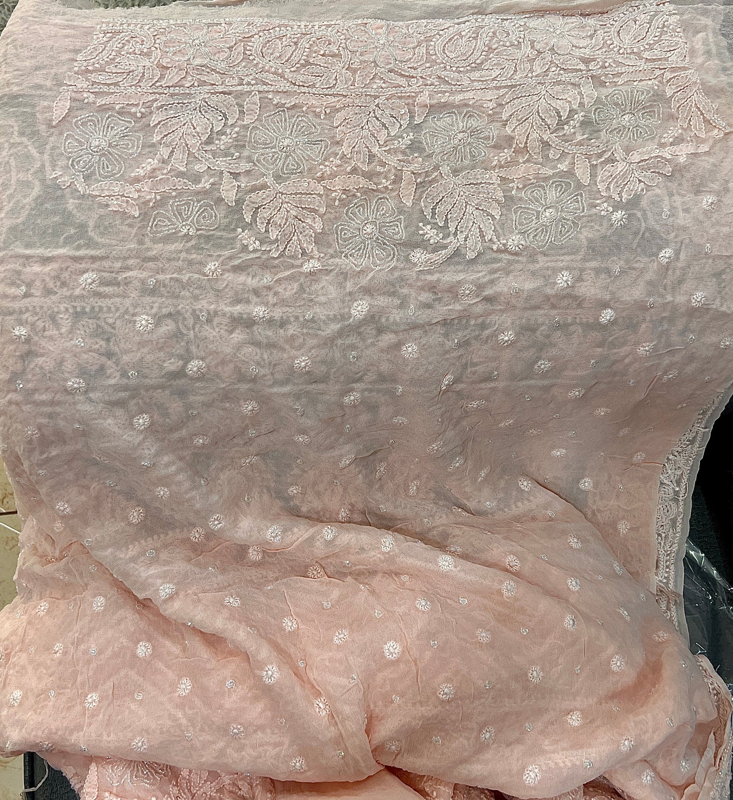 Ruhani Light Peach Chikankari and Cut Dana Saree
