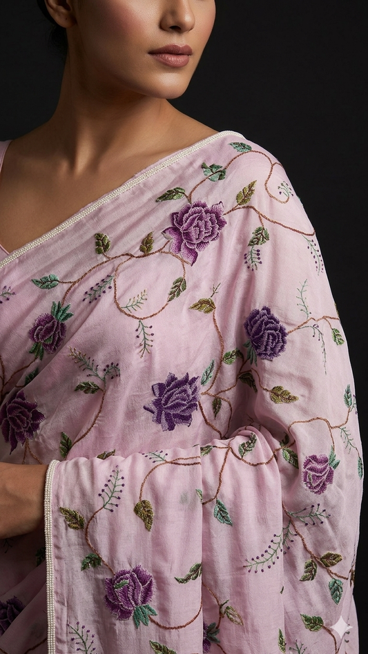 Lilac Pink Masterpiece Petit Point Hand Embroidered Saree