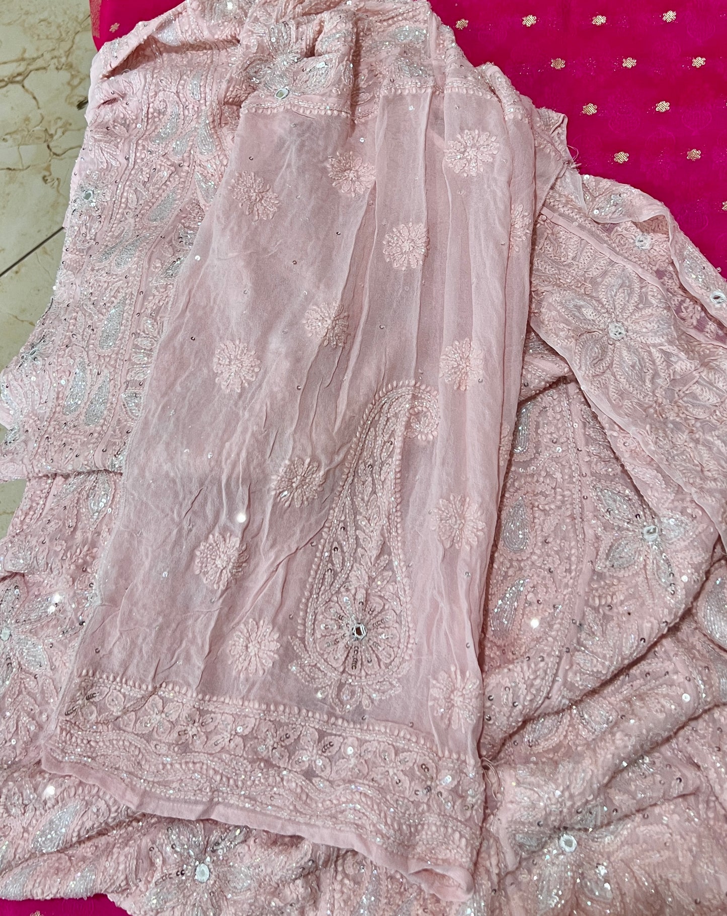 Ruhani Peachy Chikankari Sequins and Cut Dana Anarkali