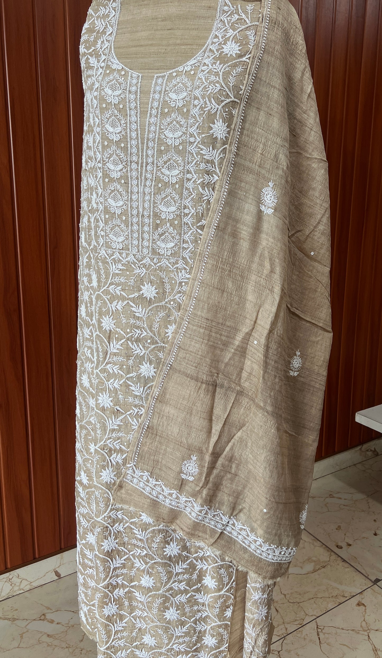 Pure Tussar silk Chikankari and pearl embroidered kurta and dupatta