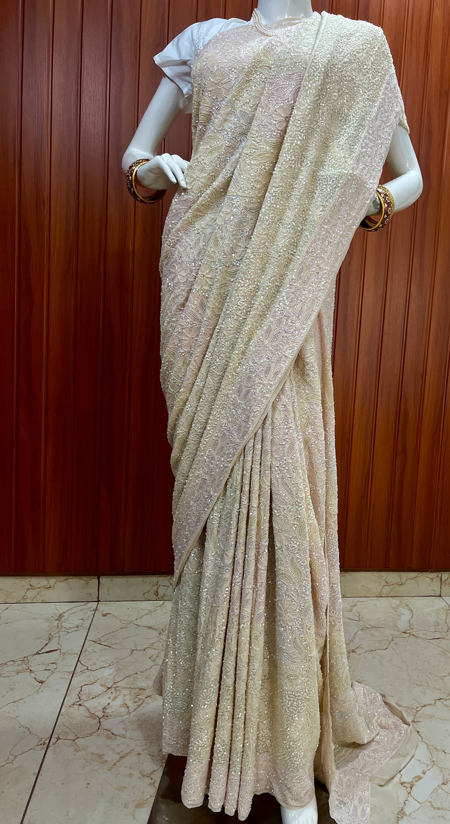 Ruhani Champagne Masterpiece Chikankari and Multicolored Cut Dana Saree