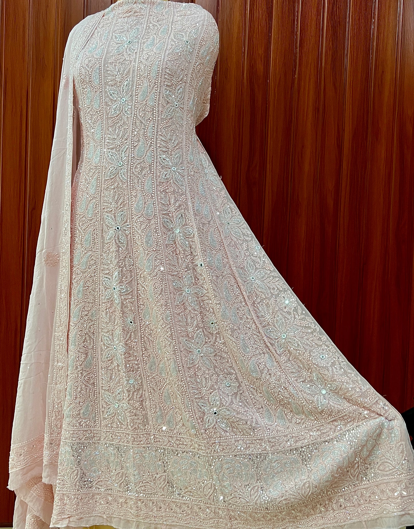 Ruhani Peachy Chikankari Sequins and Cut Dana Anarkali