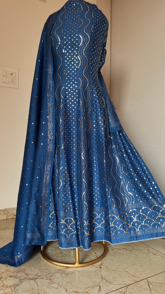 Azure Blue Allover Heavy Mukaish Chanderi Silk Anarkali with Dupatta