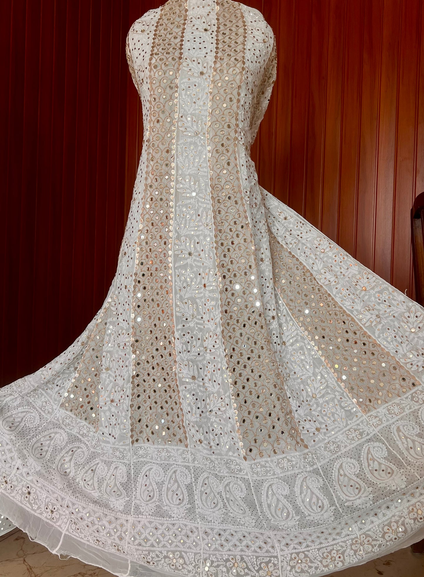 White Chikankari Mukaish Mirror and Gota Patti Anarkali with Dupatta