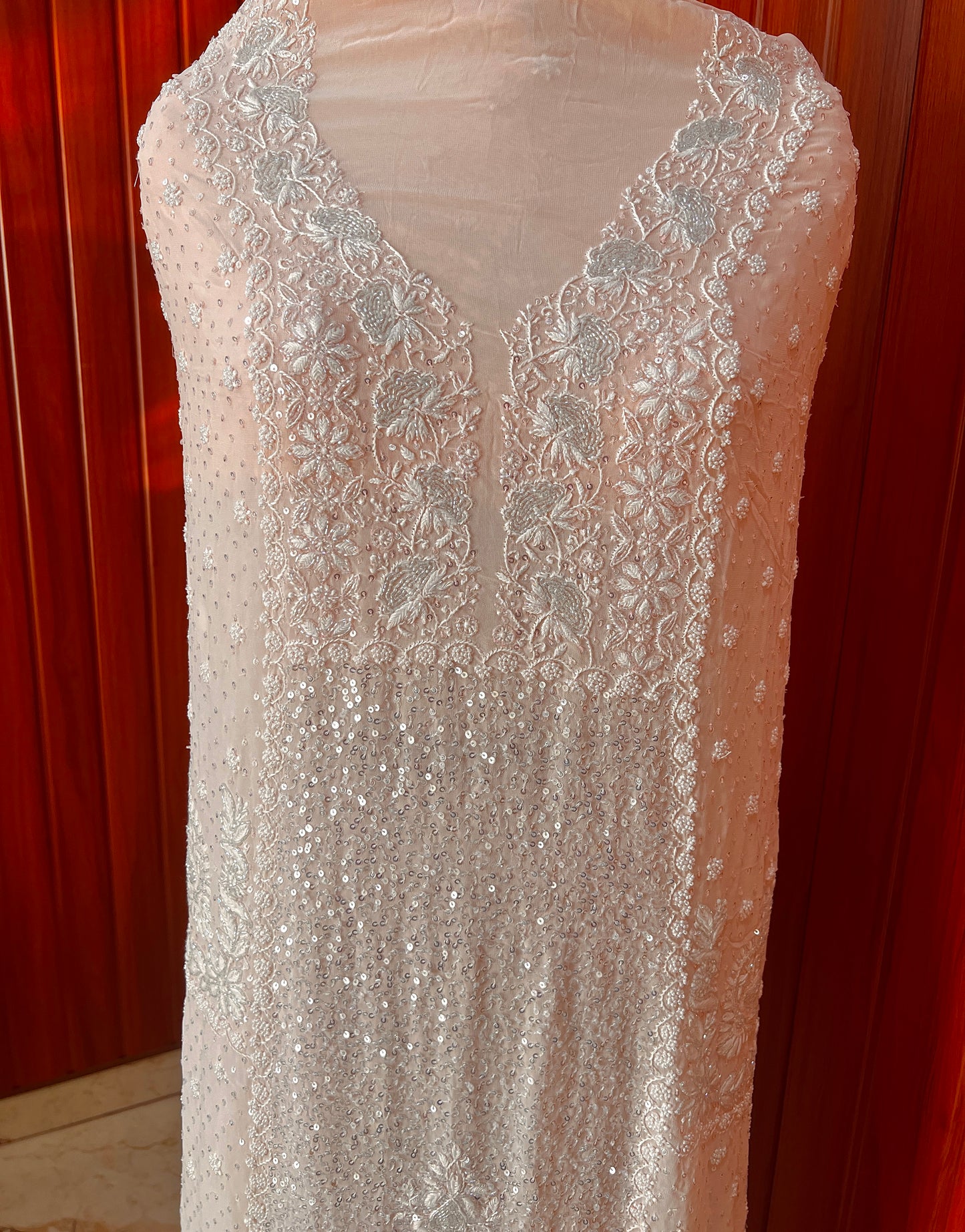Ruhani Peach Suit with Chikankari Sequins Pearl and Cut Dana