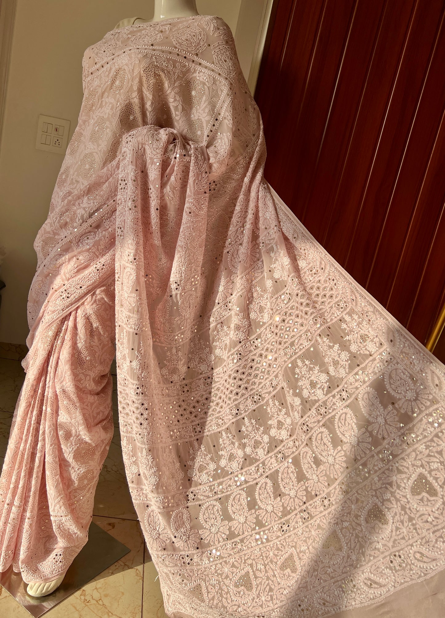 Ruhani Dusty Pink Allover Designer Chikankari and Mukaish Saree