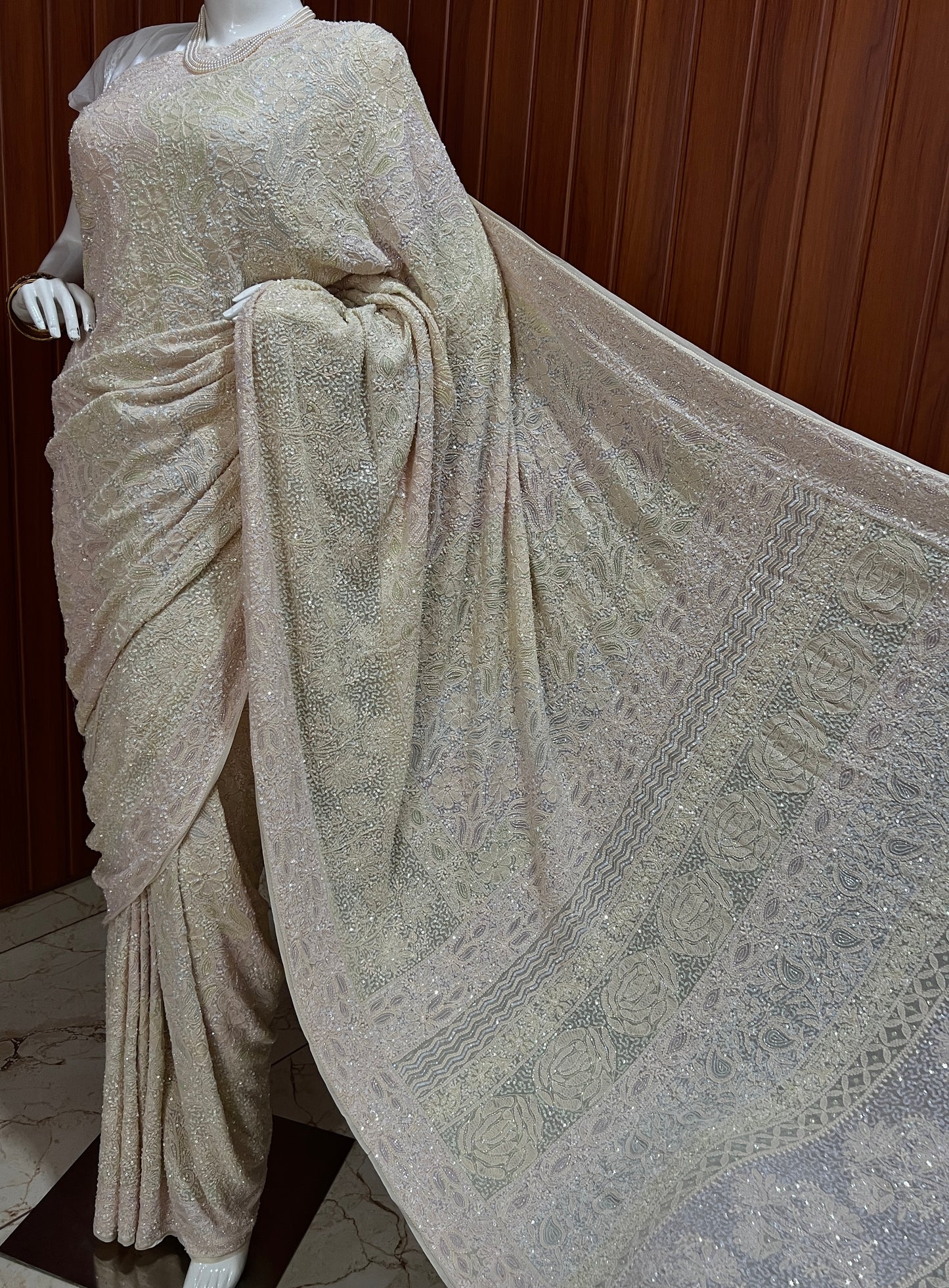 Ruhani Champagne Masterpiece Chikankari and Multicolored Cut Dana Saree