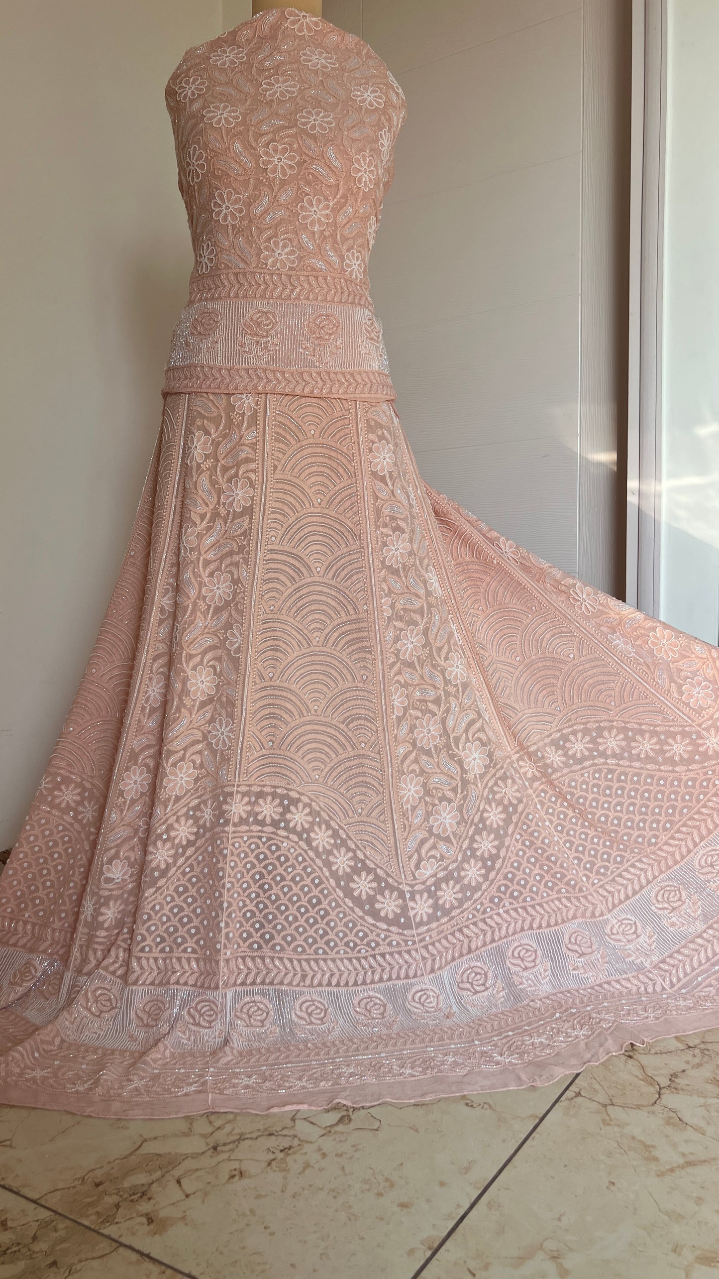 Dusty peach Chikankari Cut Dana and Pearl Lehenga