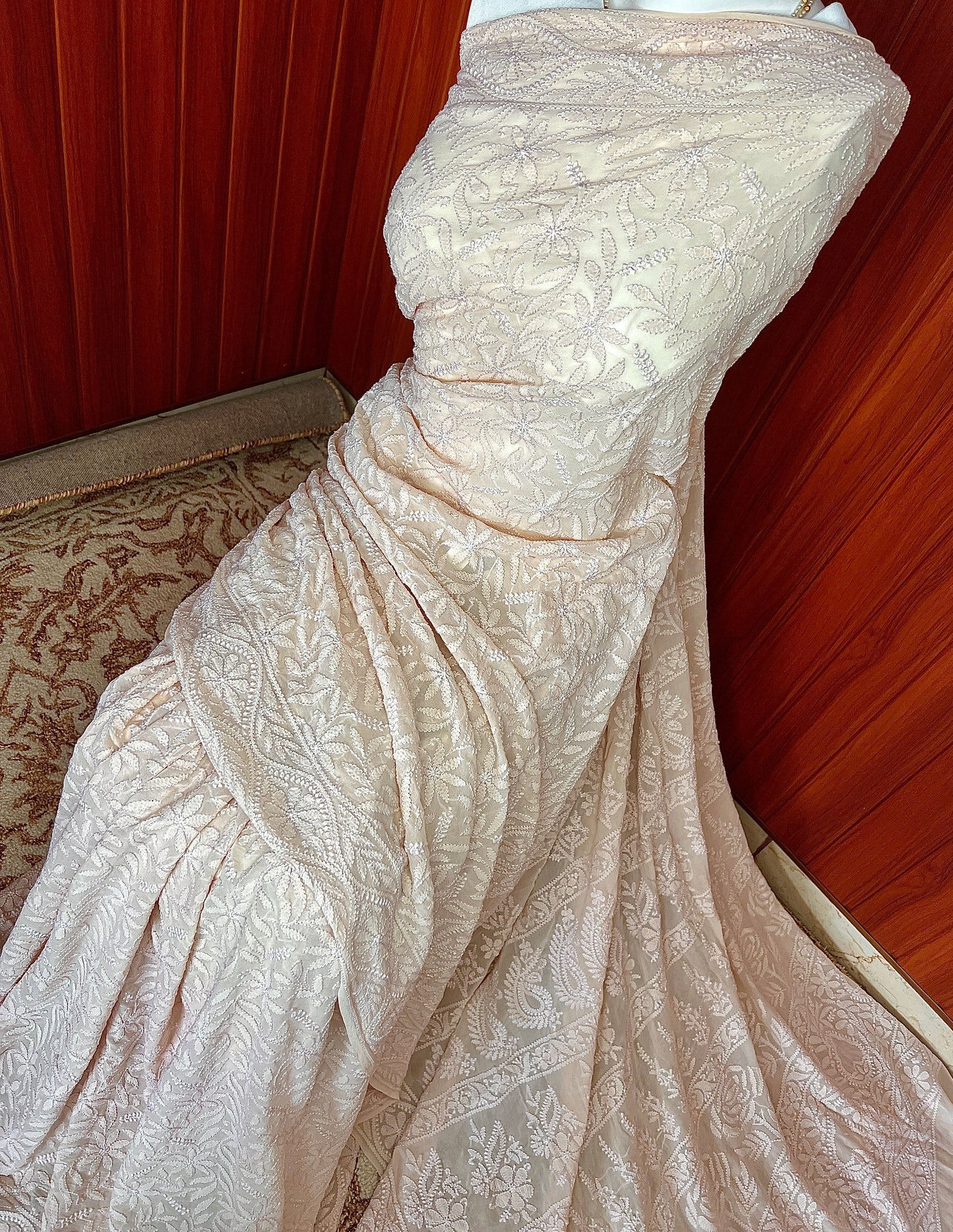 Ruhani nude peach fine Chikankari Hand Embroidered Saree