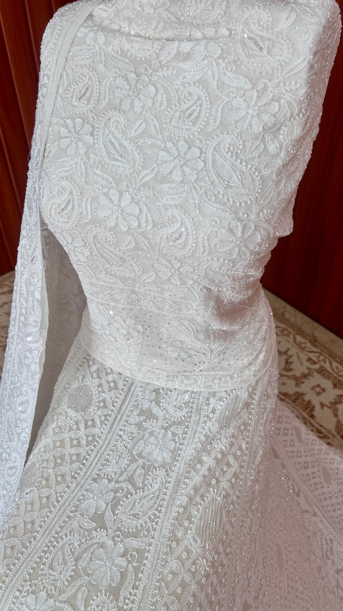 Ruhani White Chikankari Cut Dana Pearl Sequins Wedding Lehenga