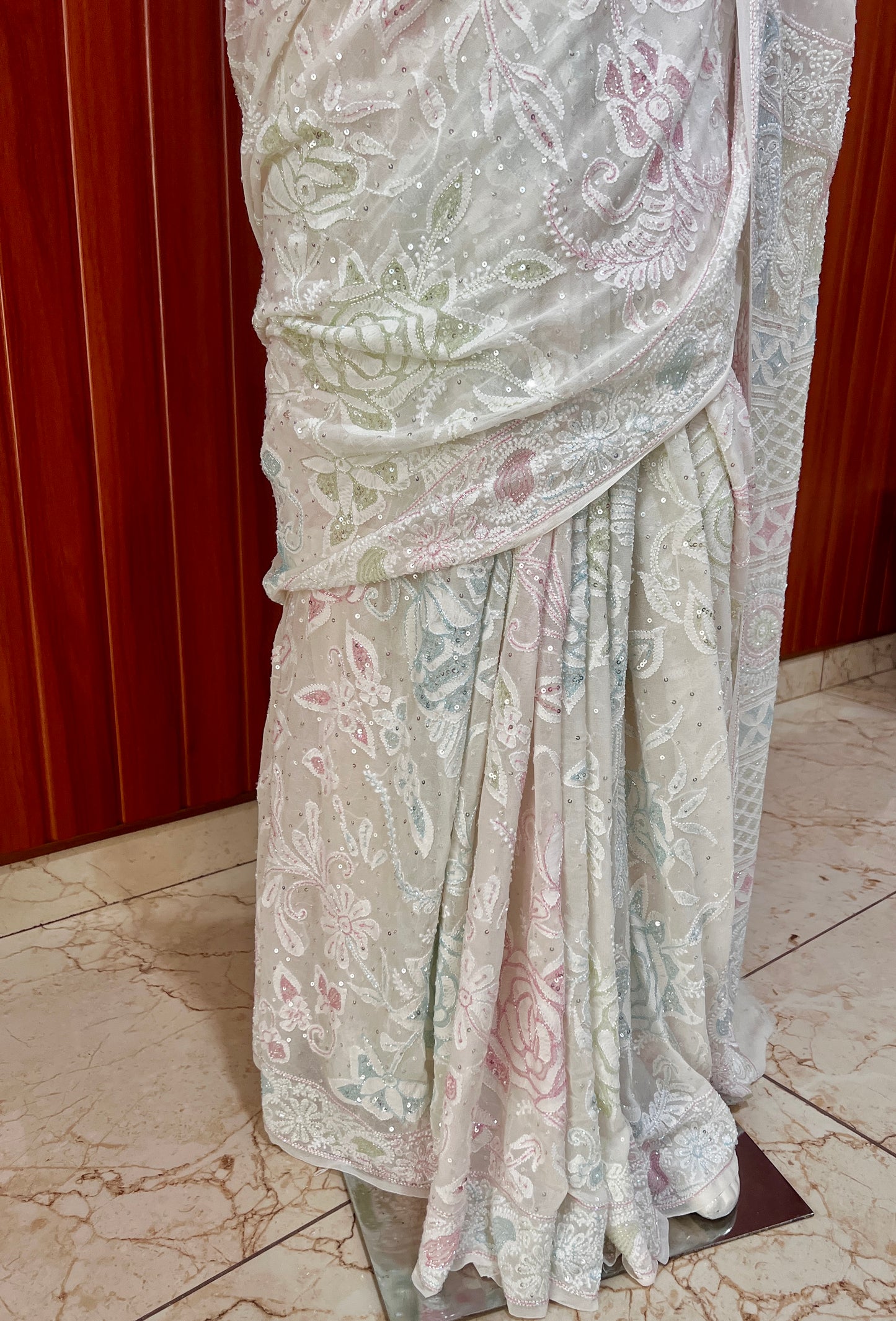Ruhani Ivory Chikankari multicolored Cut Dana and Sequins Saree