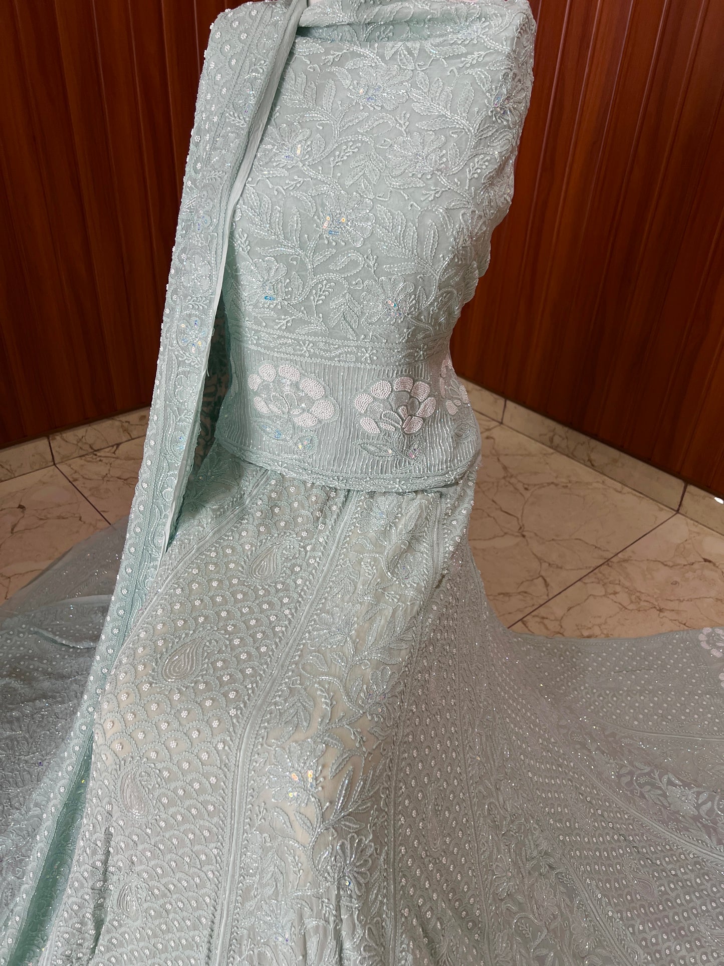 Ruhani Ice Mint Chikankari Cut Dana Pearl Sequins Wedding Lehenga