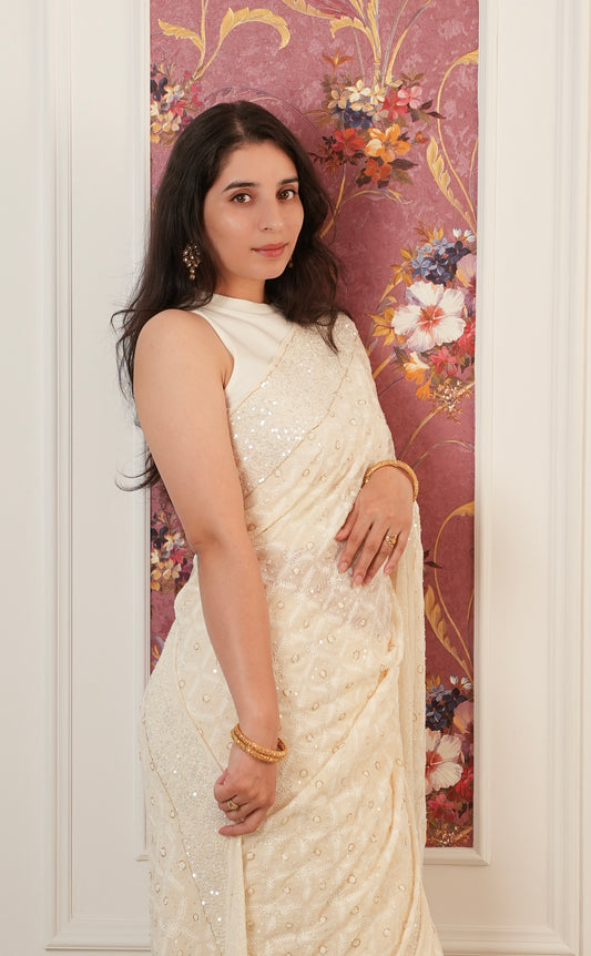 Suhaan Ivory Teen Taar Chikankari Heirloom Saree