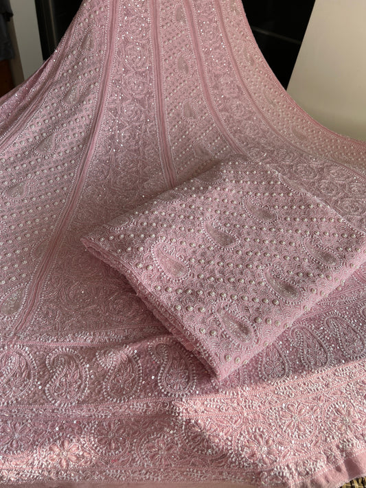 Ruhani Pink Chikankari Pearl Cut Dana Sequins Wedding Lehenga