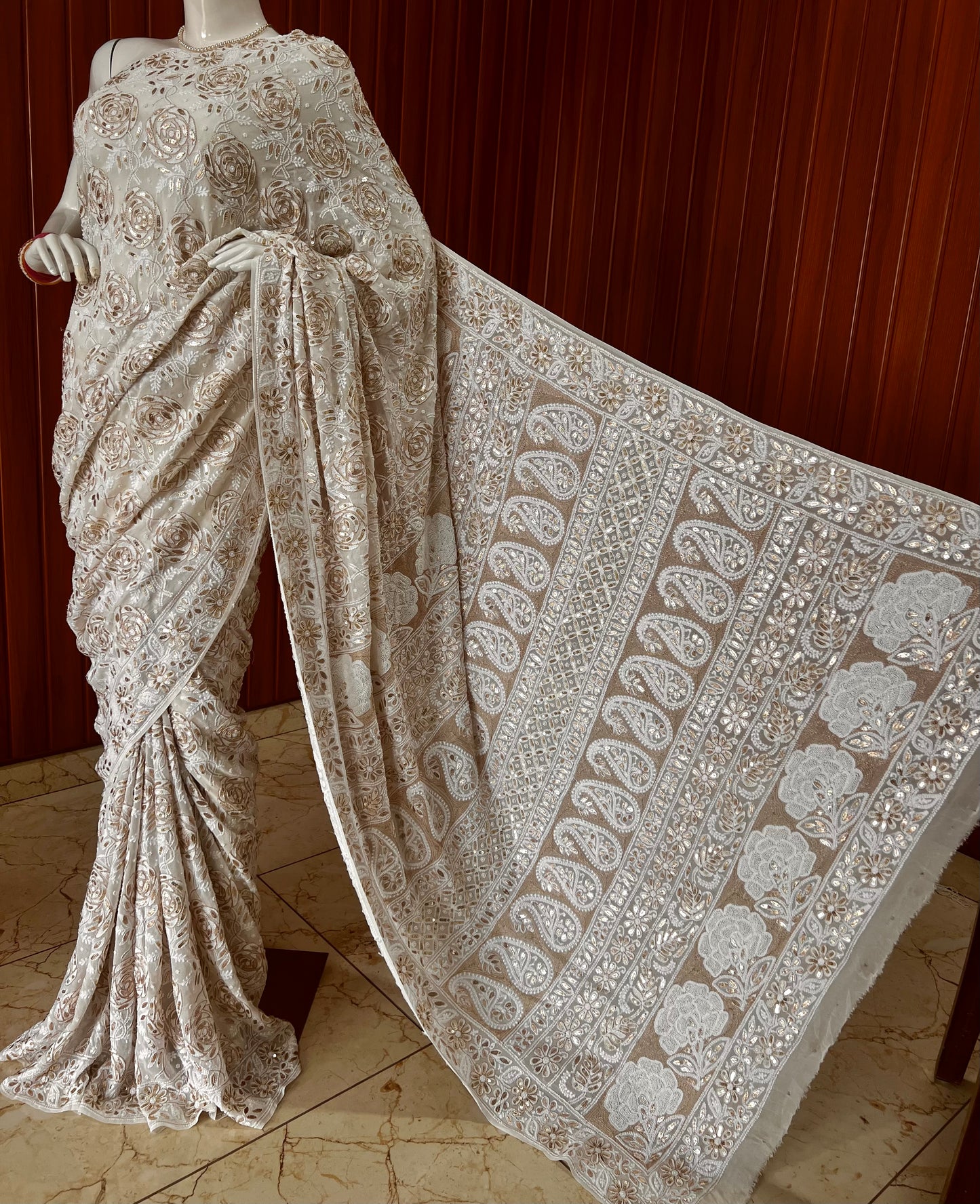 Ruhani Chikankari Saree with Gota Patti Sequins Pearl and Aari Embroidery
