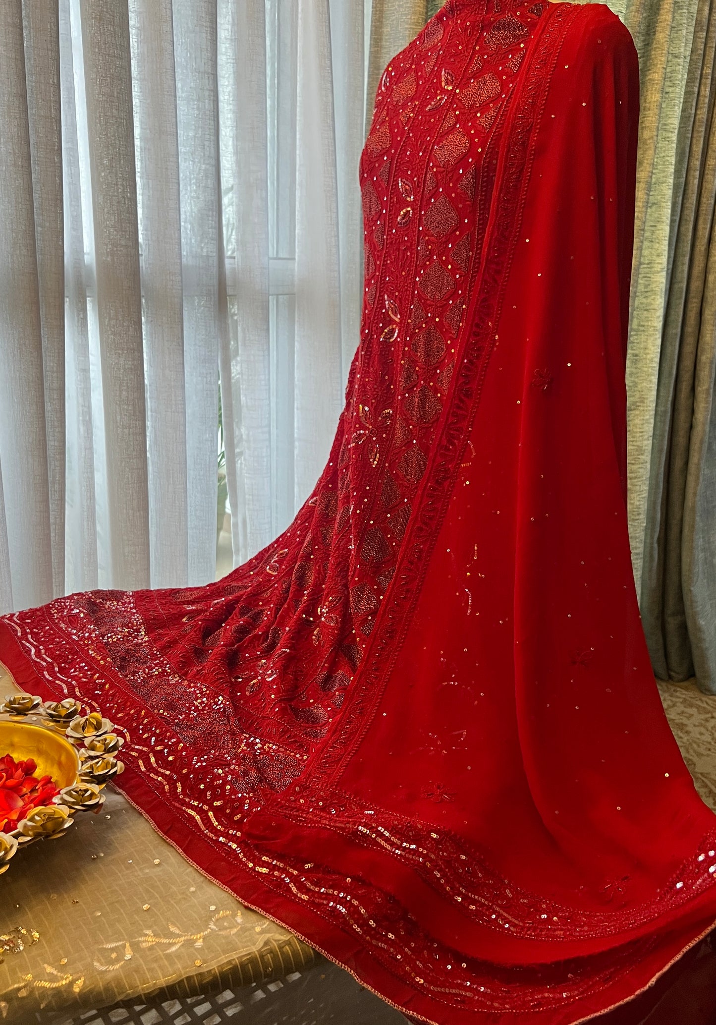 Reddish Maroon Chikankari Sequins and Cut Dana Anarkali