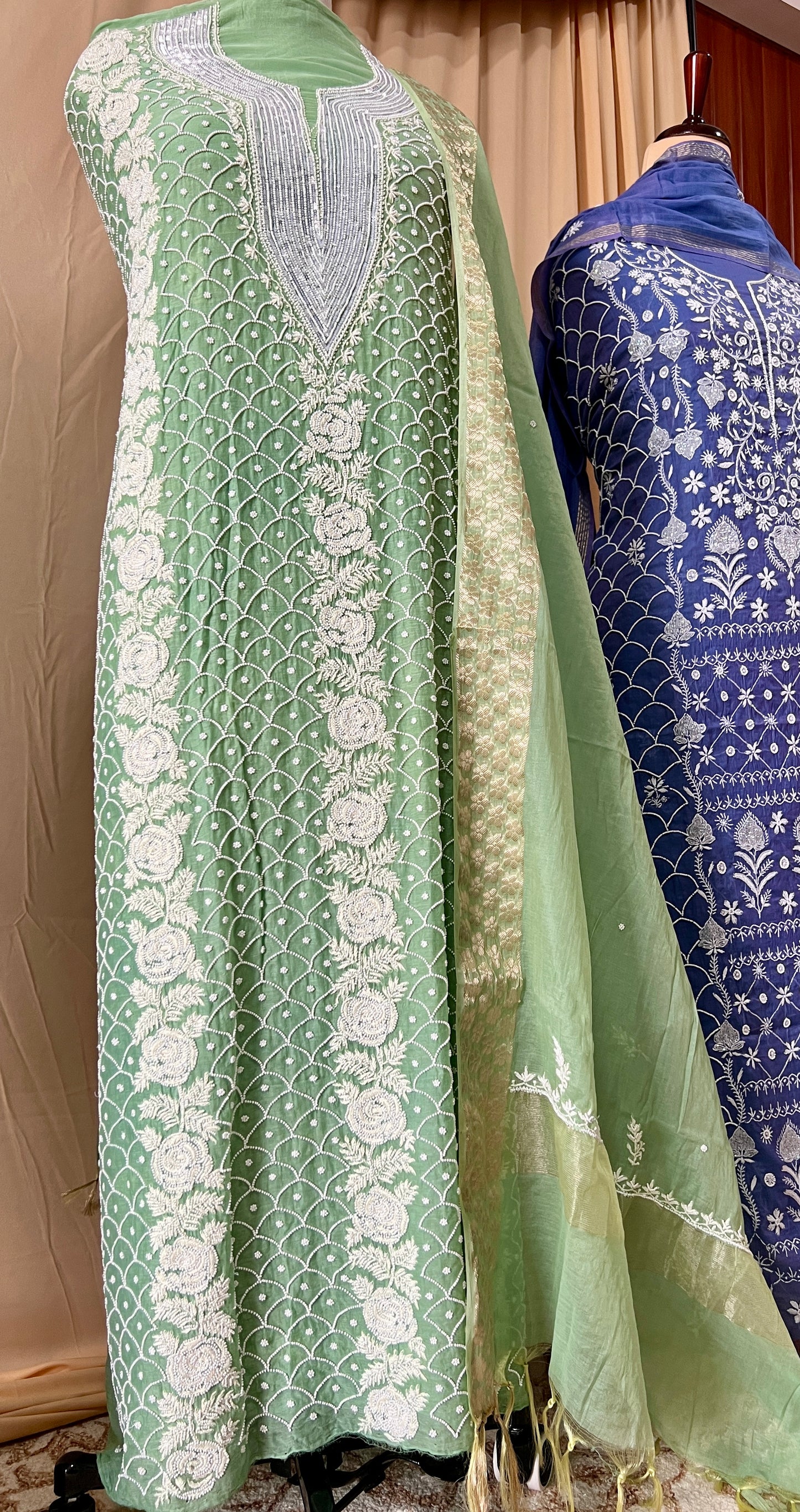 Pista green Mul Chanderi Kurta and Dupatta