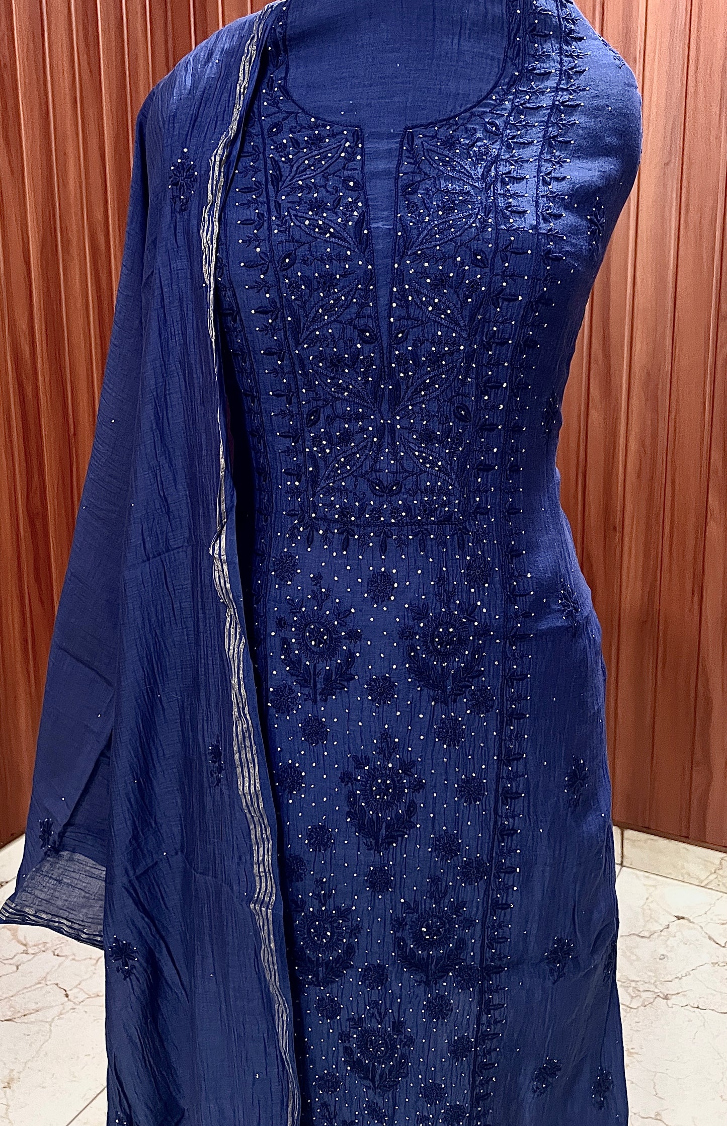 Navy blue Mulmul fine Chikankari kurta & dupatta set