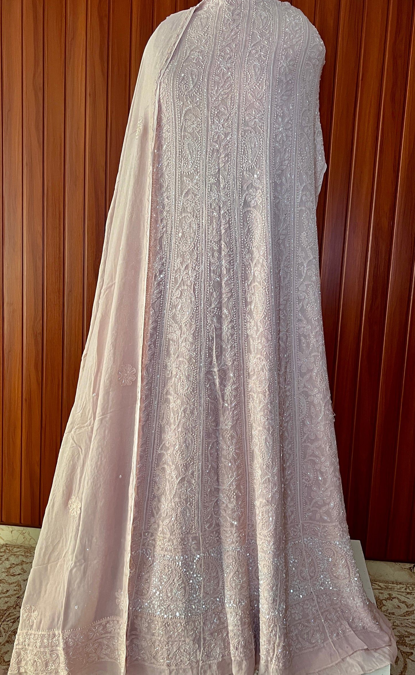 Dusty pink Chikankari and Cut Dana Embroidered Anarkali with Dupatta