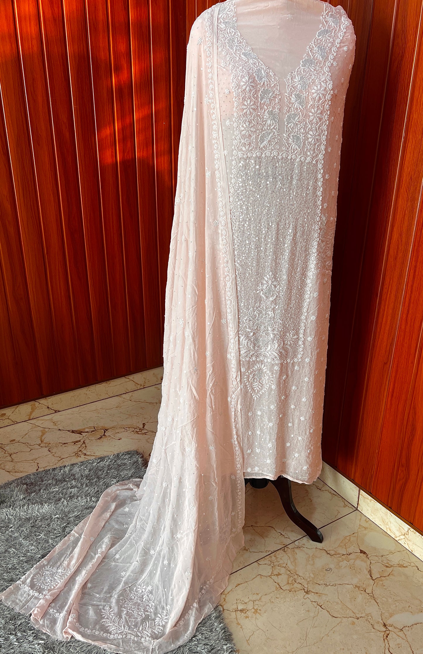 Ruhani Peach Suit with Chikankari Sequins Pearl and Cut Dana