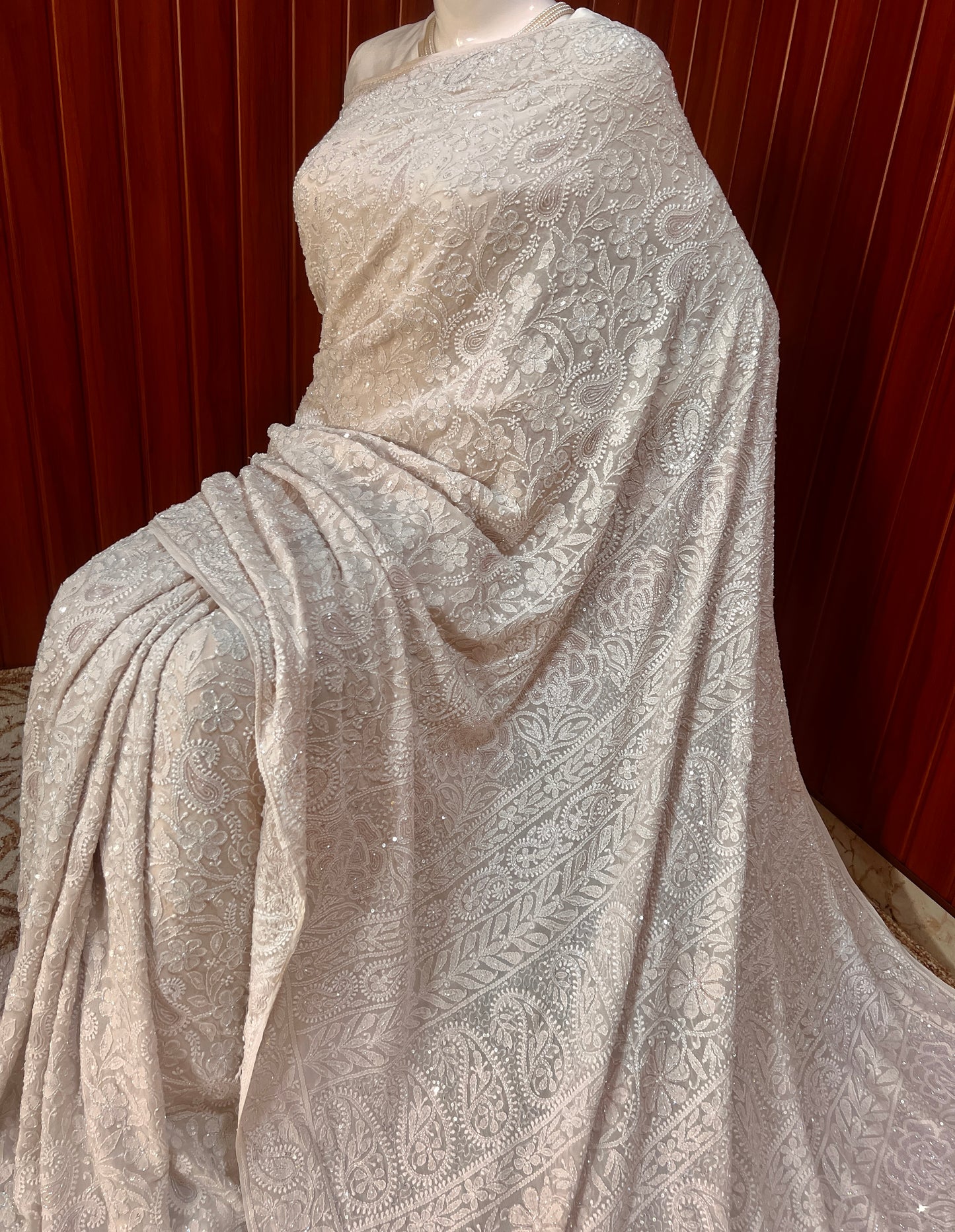 Ruhani Nude Beige Chikankari Cut Dana and Sequins Saree