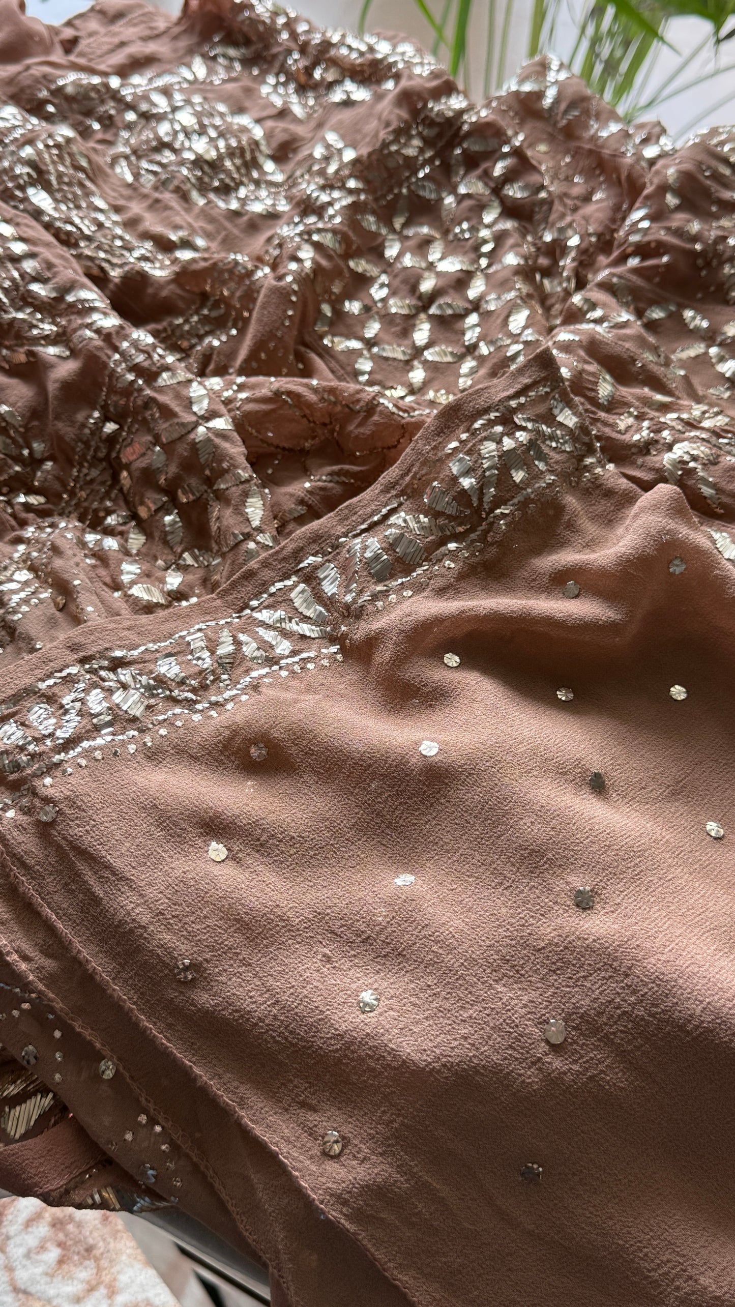 Ruhani cocoa brown heavy badla and Mukaish pure Georgette anarkali and dupatta
