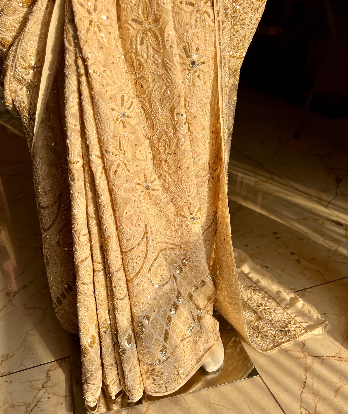 Ruhani Golden Beige Chikankari Sequins Cut Dana Embroidered Masterpiece Saree