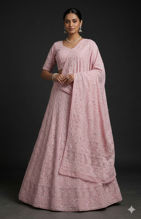 Ruhani Pink Chikankari Pearl Cut Dana Sequins Wedding Lehenga